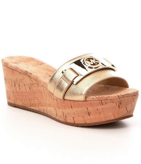 michael kors warren platform wedge sandals gold logo bar